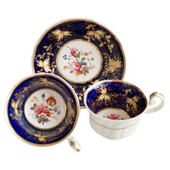 Samuel Alcock Porcelain Teacup Trio, Cobalt Blue with Flowers, Regency ca 1820