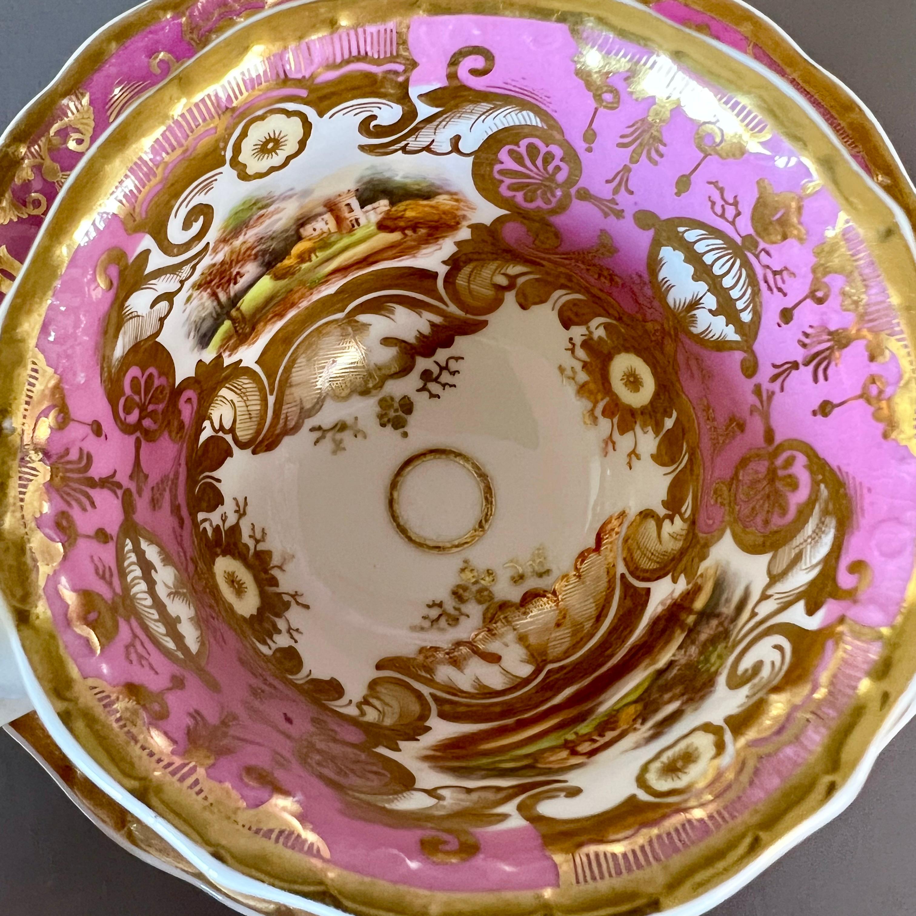 Samuel Alcock Porcelain Teacup Trio, Pink, Gilt and Sublime Landscapes, ca 1827 4
