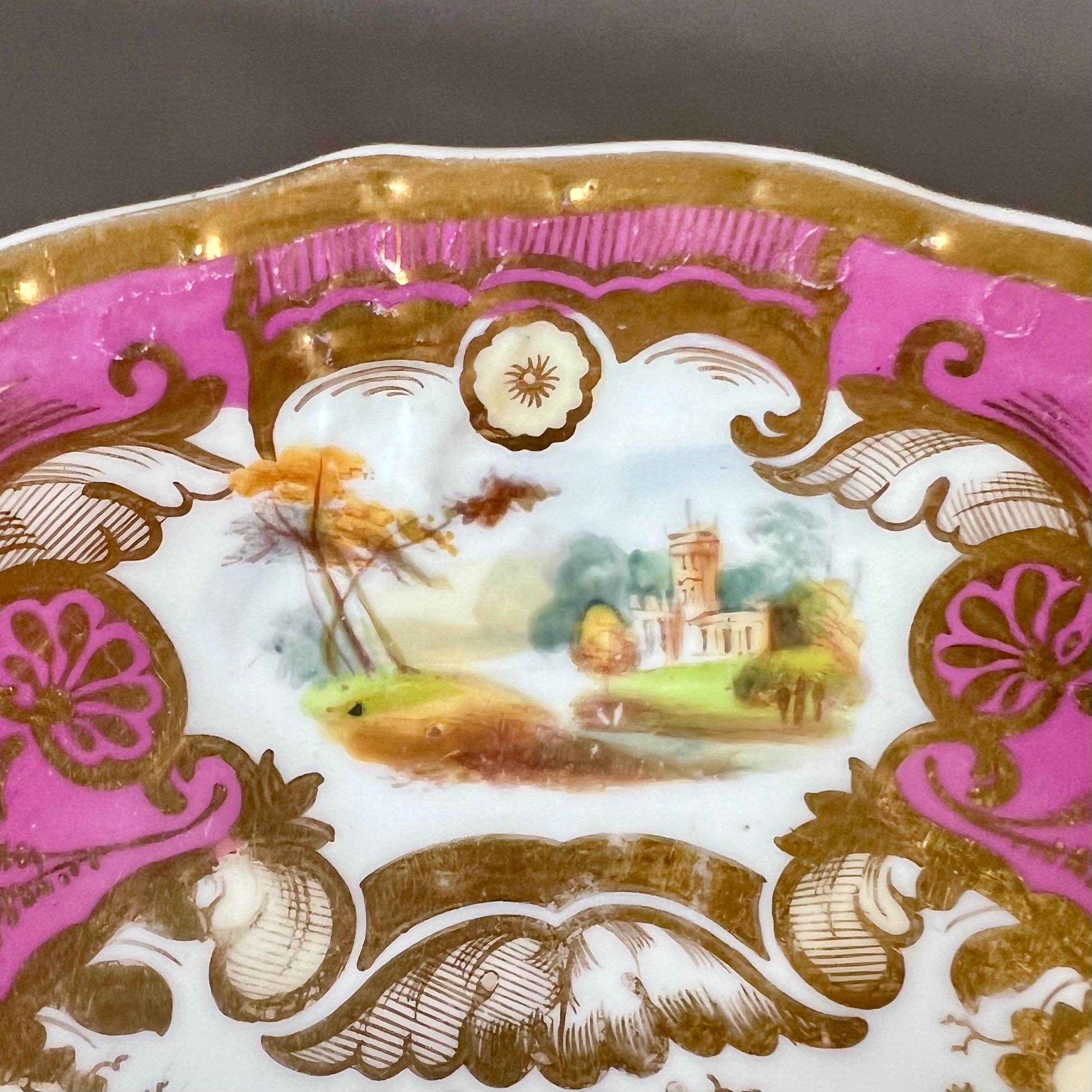 Samuel Alcock Porcelain Teacup Trio, Pink, Gilt and Sublime Landscapes, ca 1827 5