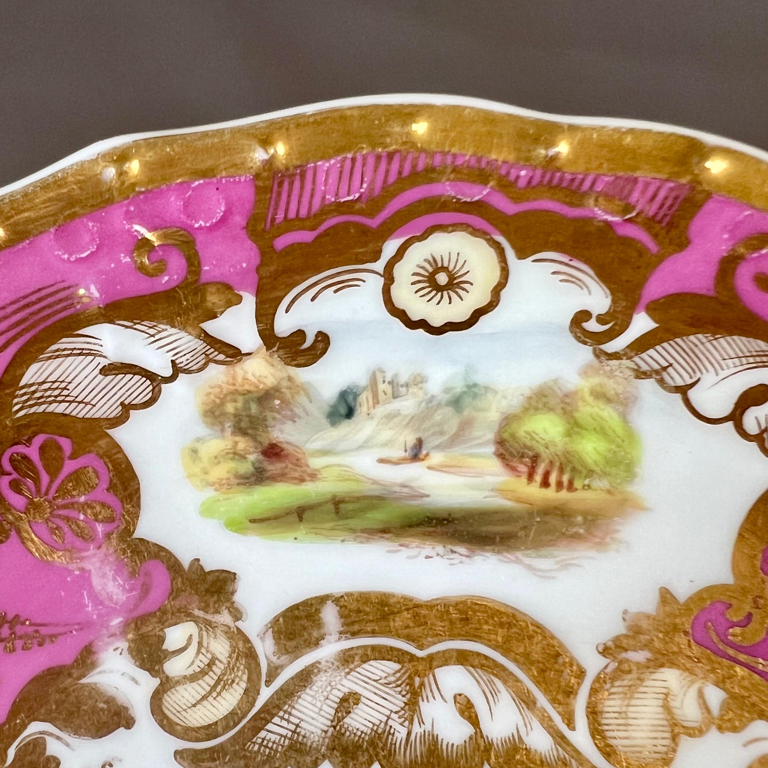Samuel Alcock Porcelain Teacup Trio, Pink, Gilt and Sublime Landscapes, ca 1827 6
