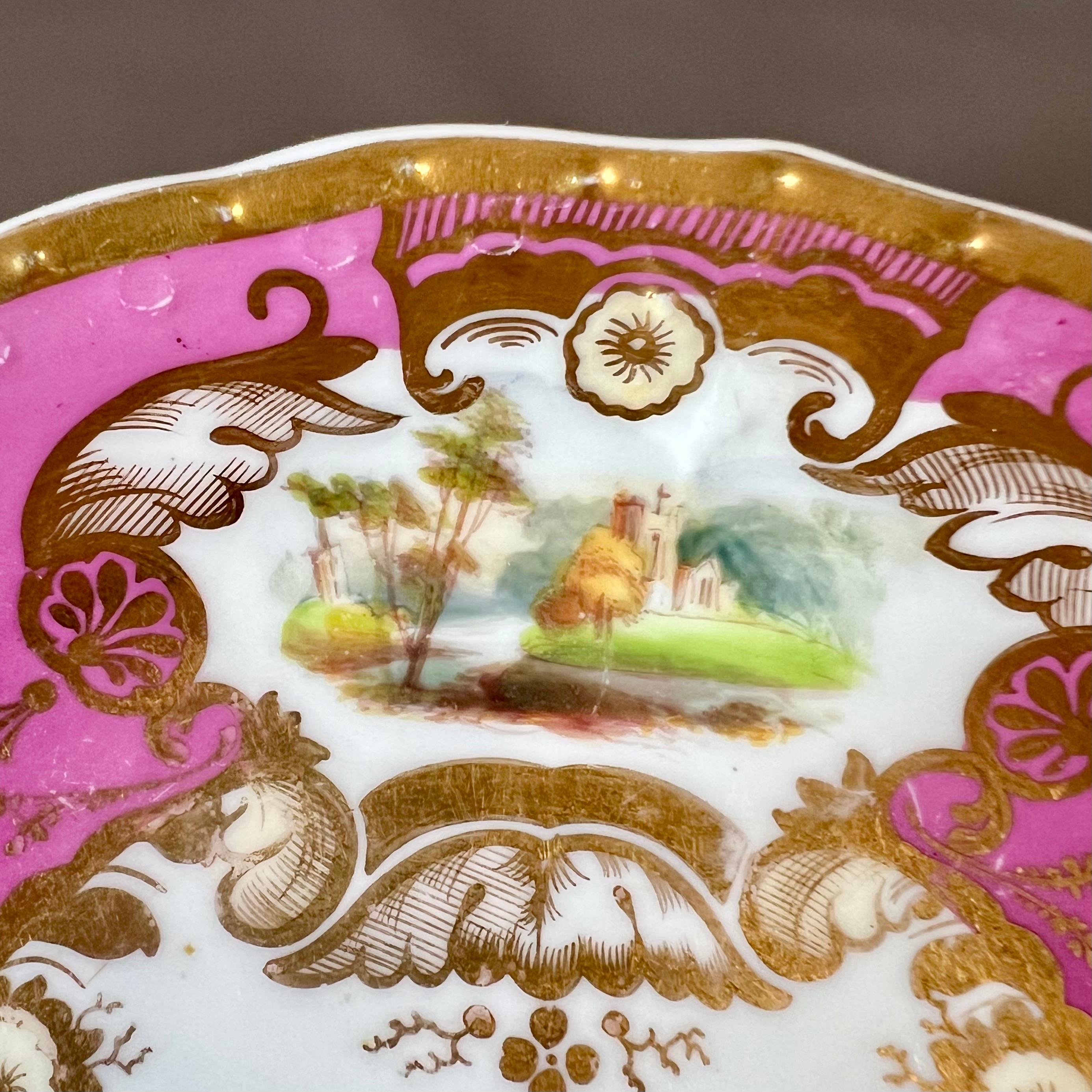 Samuel Alcock Porcelain Teacup Trio, Pink, Gilt and Sublime Landscapes, ca 1827 7