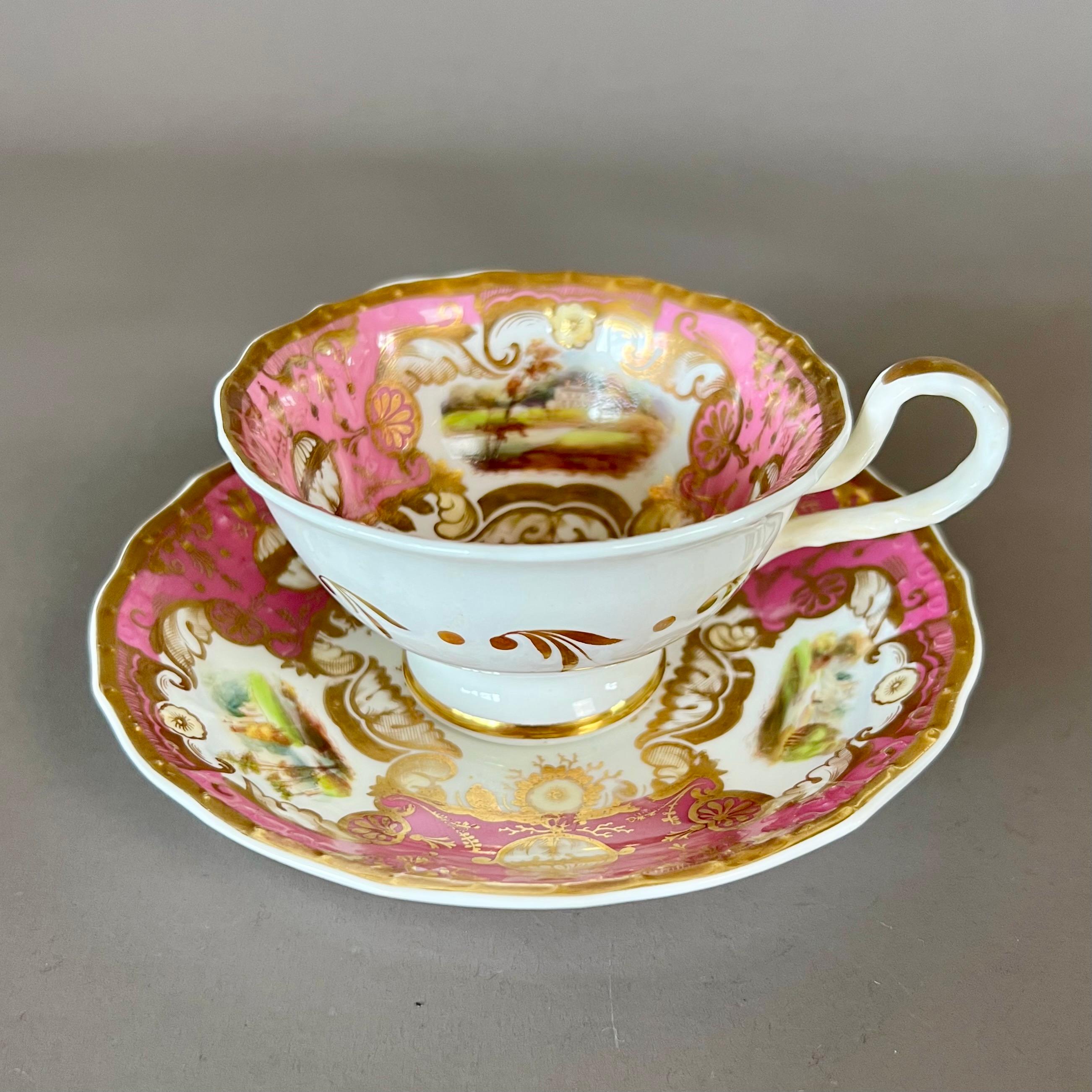 Rococo Revival Samuel Alcock Porcelain Teacup Trio, Pink, Gilt and Sublime Landscapes, ca 1827