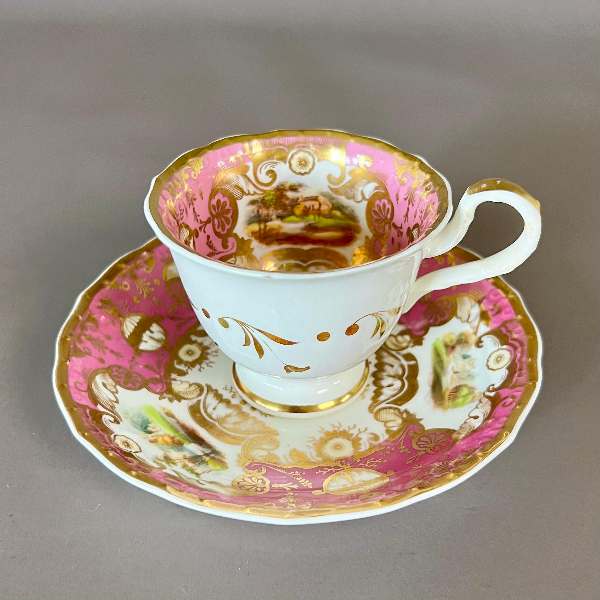 English Samuel Alcock Porcelain Teacup Trio, Pink, Gilt and Sublime Landscapes, ca 1827