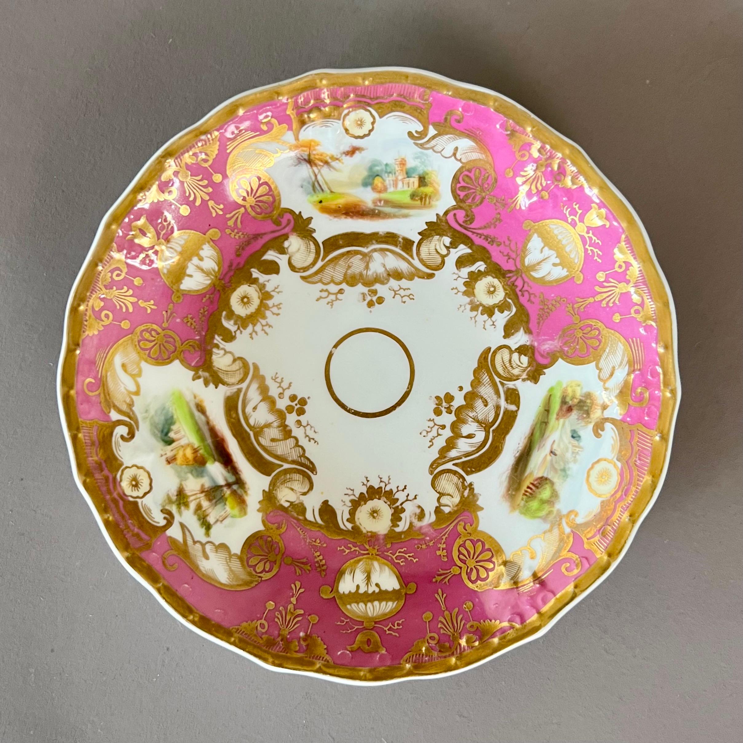 Hand-Painted Samuel Alcock Porcelain Teacup Trio, Pink, Gilt and Sublime Landscapes, ca 1827