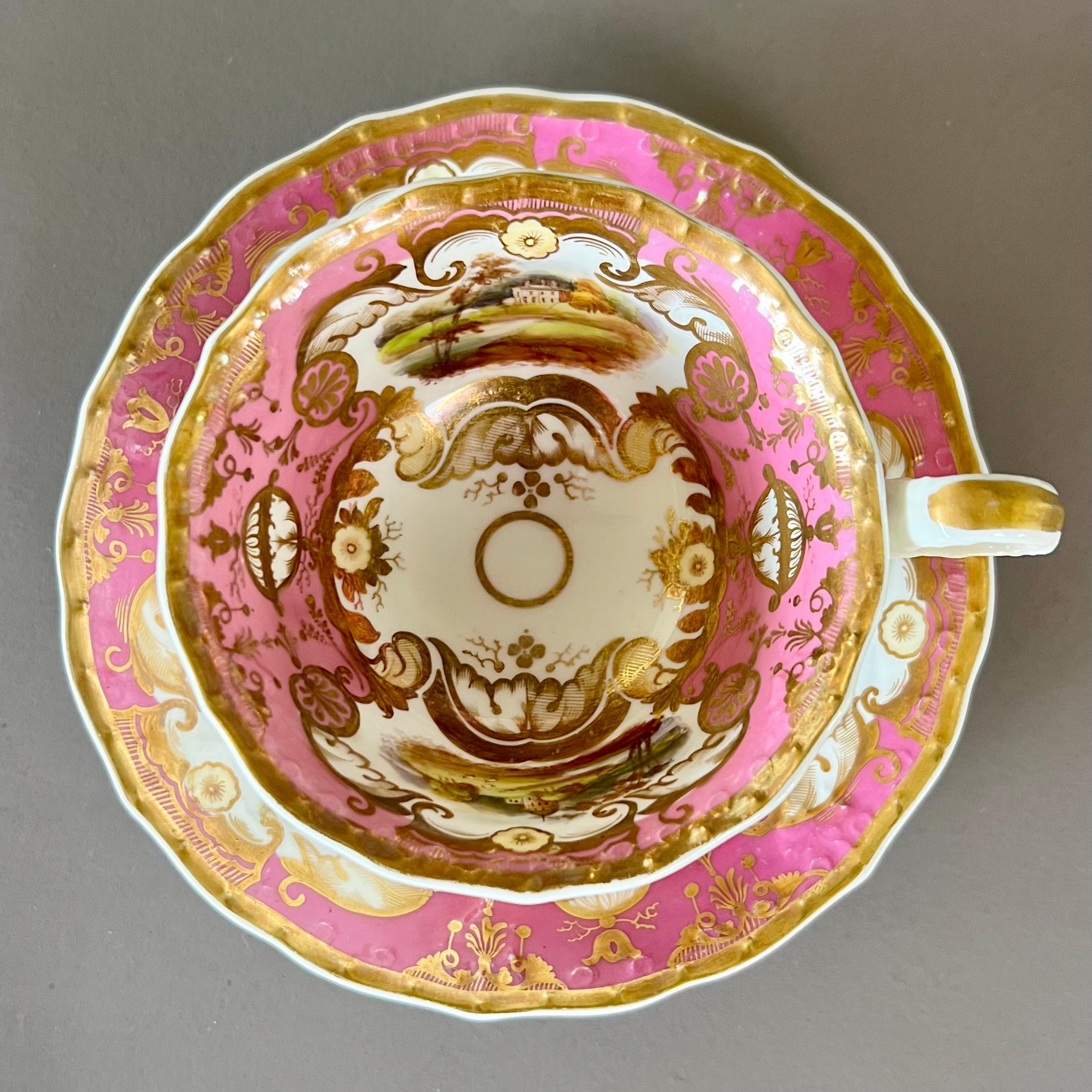 Samuel Alcock Porcelain Teacup Trio, Pink, Gilt and Sublime Landscapes, ca 1827 In Good Condition In London, GB