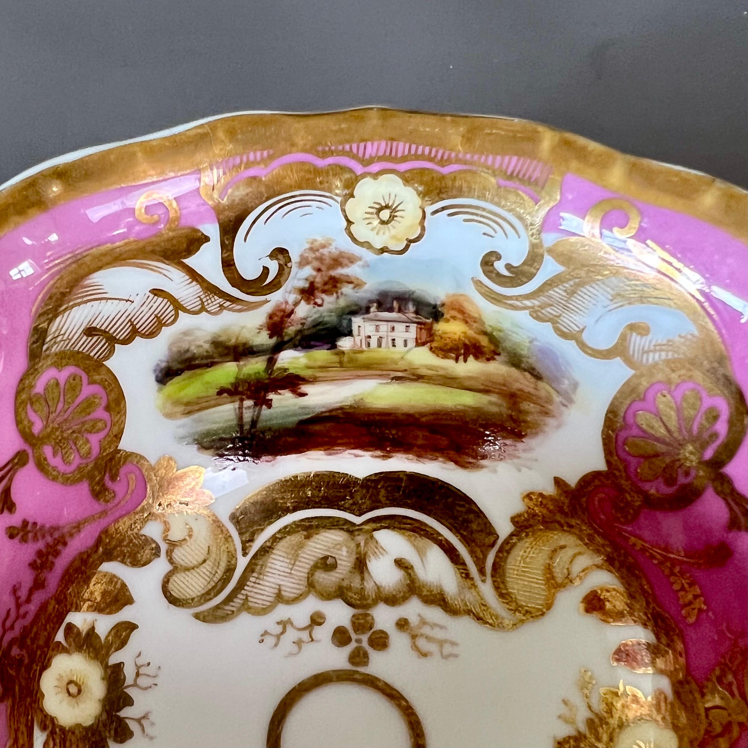 Samuel Alcock Porcelain Teacup Trio, Pink, Gilt and Sublime Landscapes, ca 1827 1