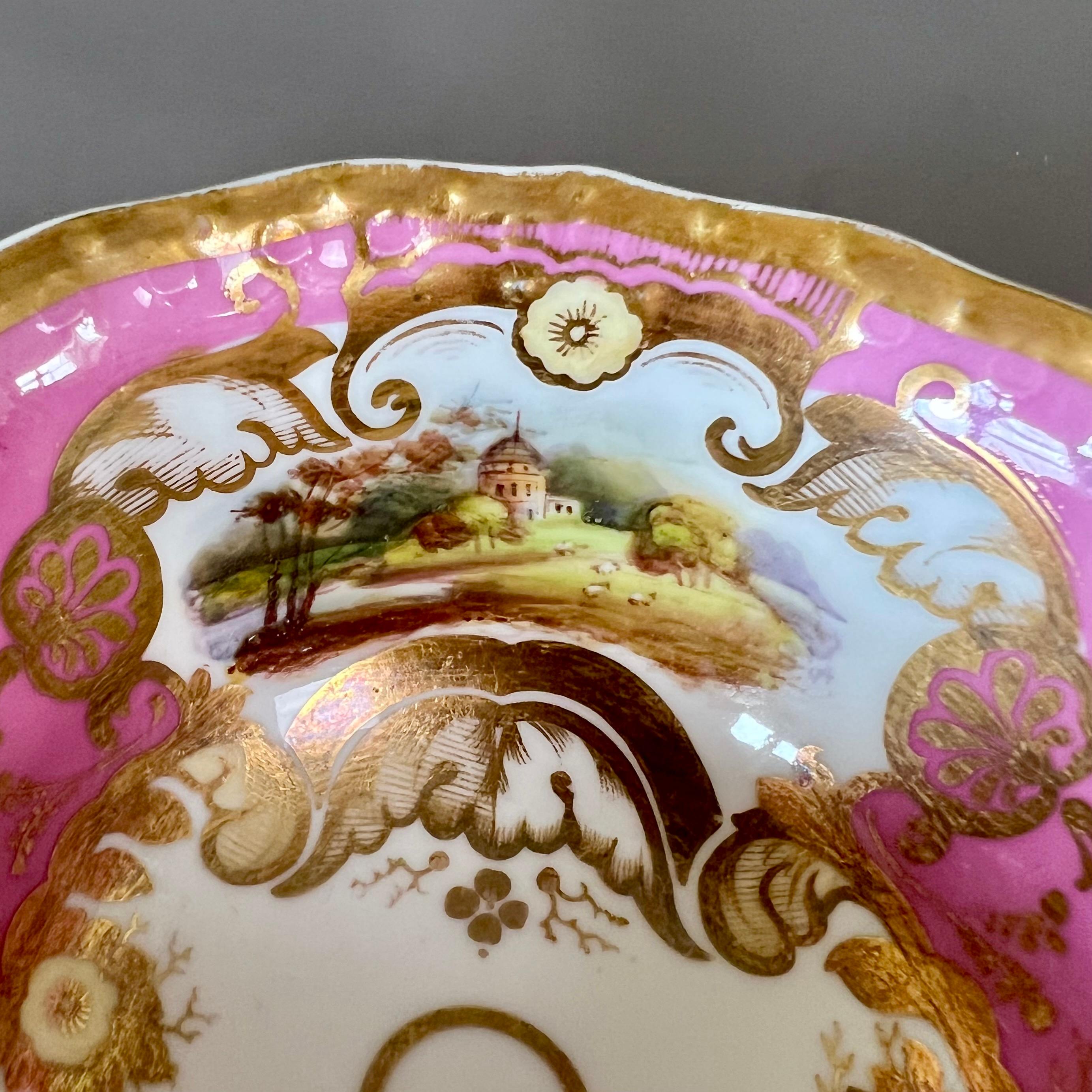 Samuel Alcock Porcelain Teacup Trio, Pink, Gilt and Sublime Landscapes, ca 1827 2