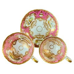 Trio de tasses à thé en porcelaine de Samuel Alcock, paysages roses, dorés et sublimes, vers 1827