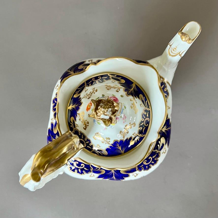 Samuel Alcock Porcelain Teapot, Blue, Gilt and Flowers, Rococo Revival ca 1837 For Sale 4