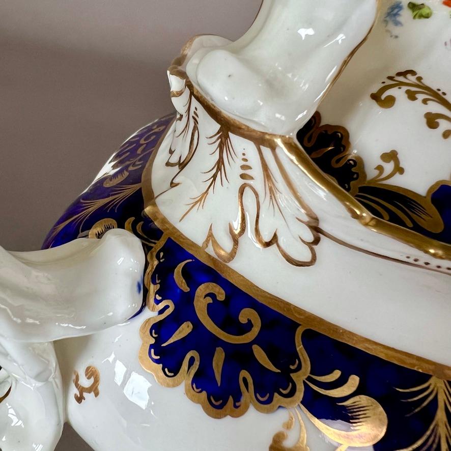 Samuel Alcock Porcelain Teapot, Blue, Gilt and Flowers, Rococo Revival ca 1837 For Sale 4