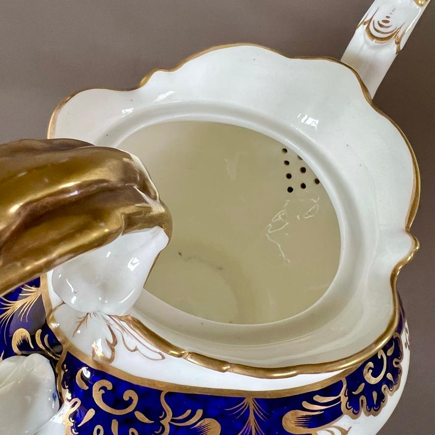 Samuel Alcock Porcelain Teapot, Blue, Gilt and Flowers, Rococo Revival ca 1837 For Sale 6