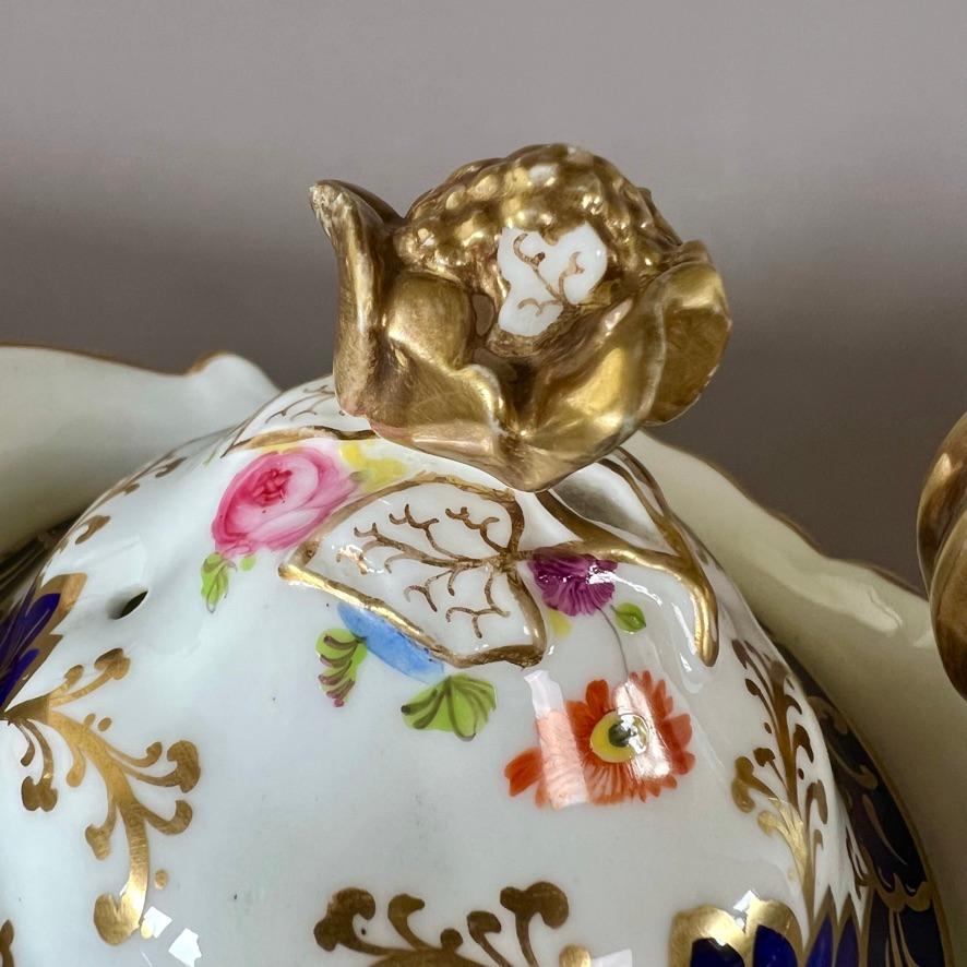 Samuel Alcock Porcelain Teapot, Blue, Gilt and Flowers, Rococo Revival ca 1837 For Sale 1