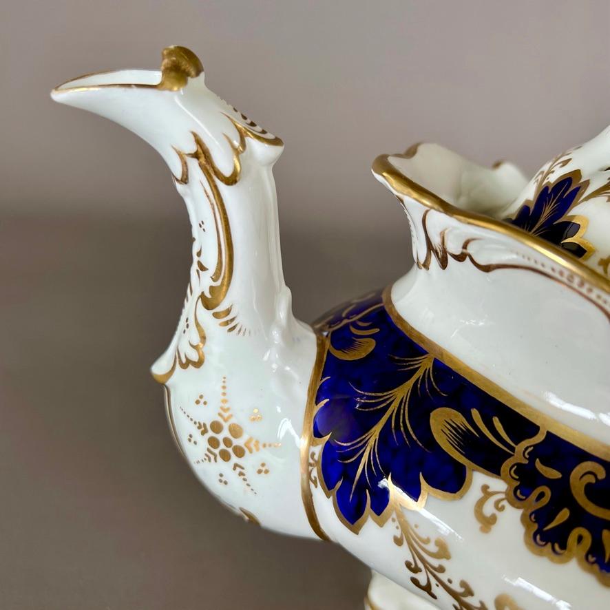 Samuel Alcock Porcelain Teapot, Blue, Gilt and Flowers, Rococo Revival ca 1837 For Sale 1