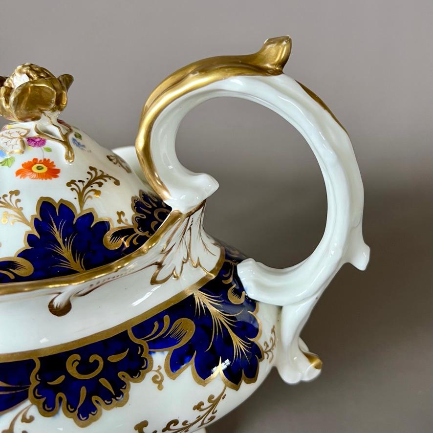 Samuel Alcock Porcelain Teapot, Blue, Gilt and Flowers, Rococo Revival ca 1837 For Sale 2