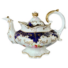 Samuel Alcock Porcelain Teapot, Blue, Gilt and Flowers, Rococo Revival ca 1837