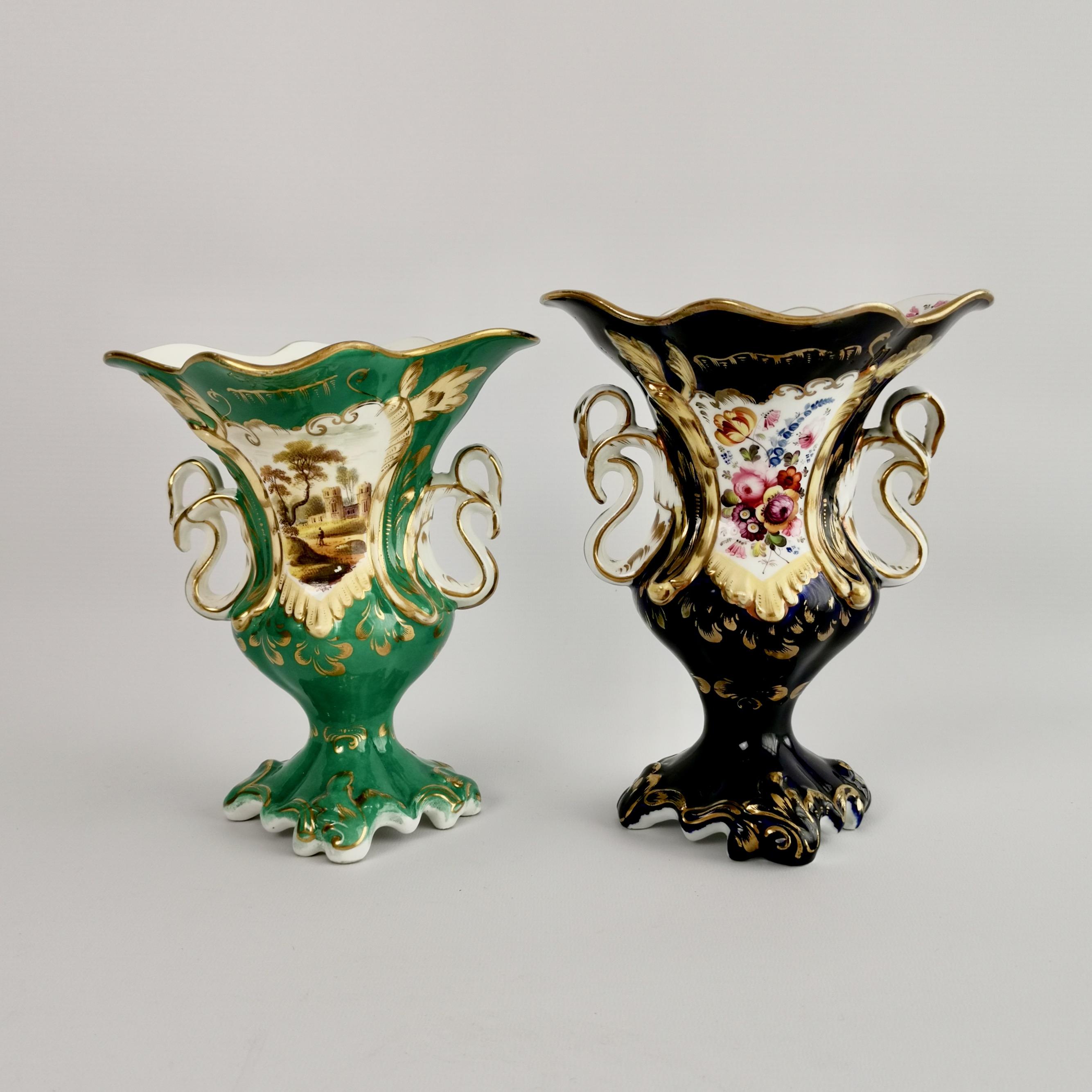 Samuel Alcock Porcelain Vase, Green with Swan Handles, Rococo Revival circa 1840 5