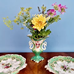 Samuel Alcock Porcelain Vase, Green with Swan Handles, Rococo Revival circa 1840
