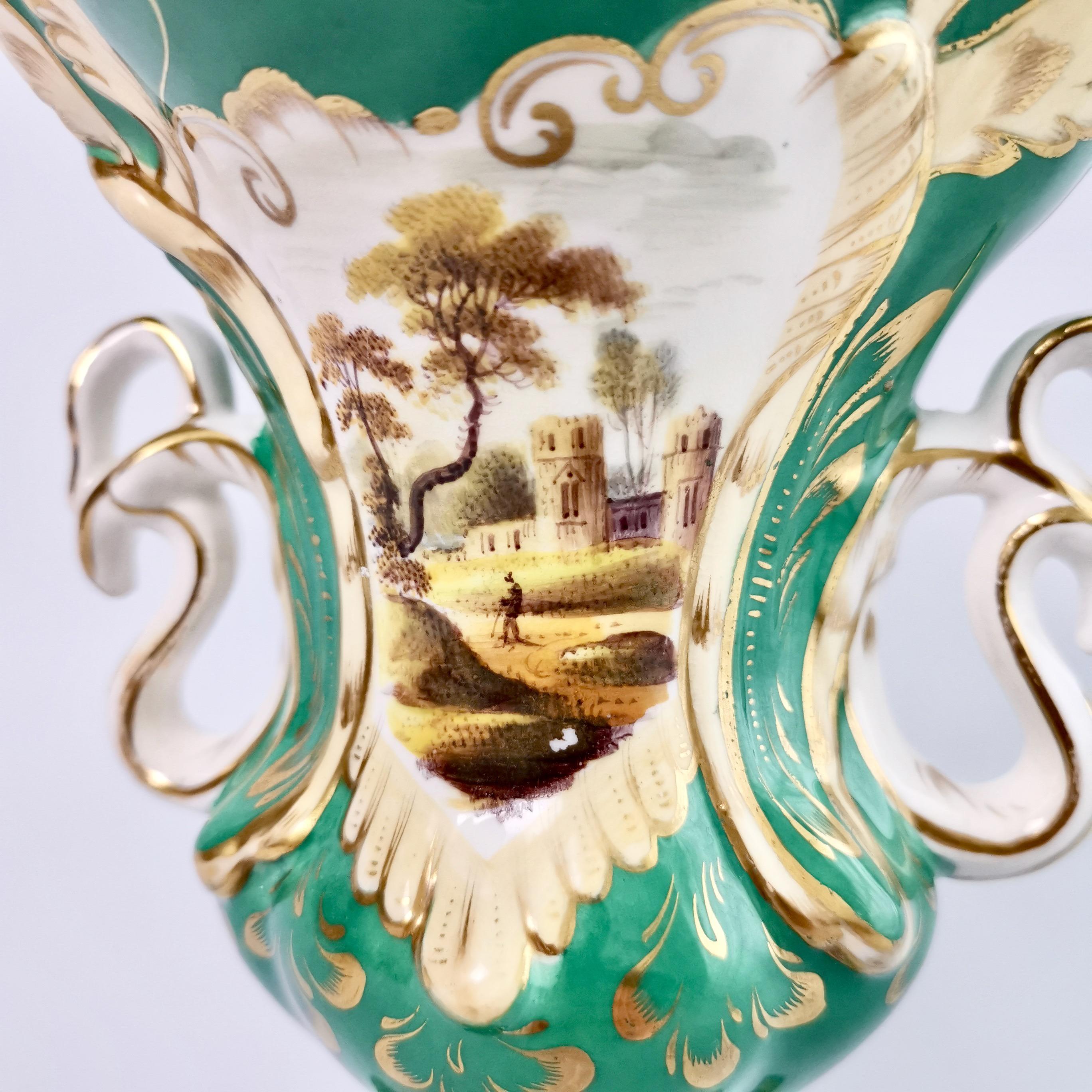 English Samuel Alcock Porcelain Vase, Green with Swan Handles, Rococo Revival circa 1840
