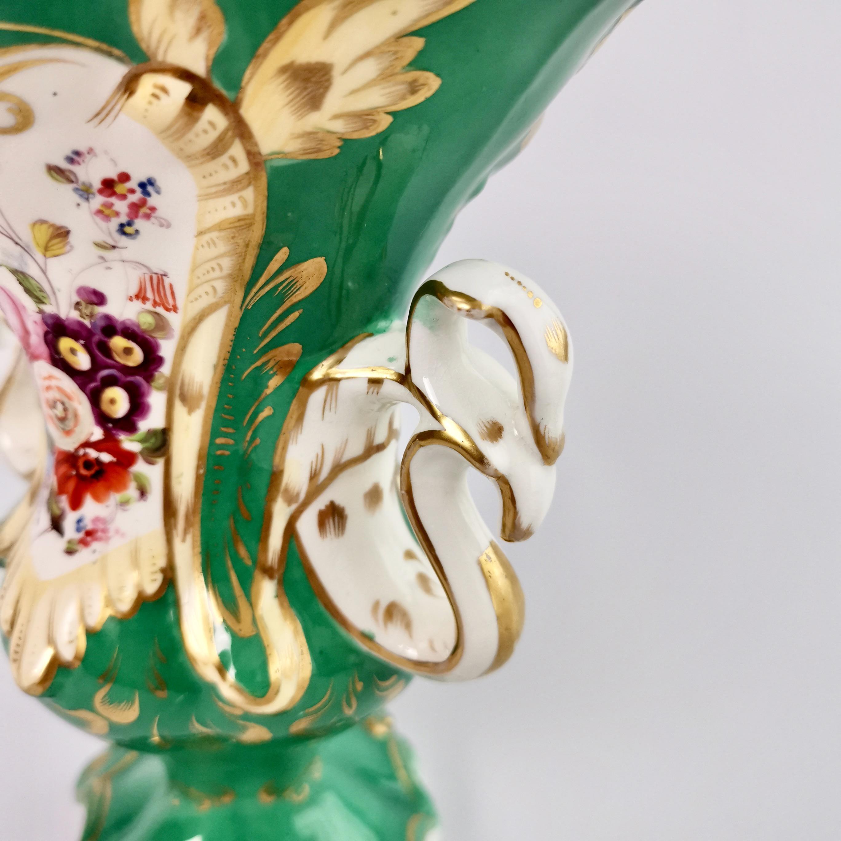 Hand-Painted Samuel Alcock Porcelain Vase, Green with Swan Handles, Rococo Revival circa 1840