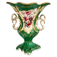 Samuel Alcock Porcelain Vase, Green with Swan Handles, Rococo Revival circa 1840