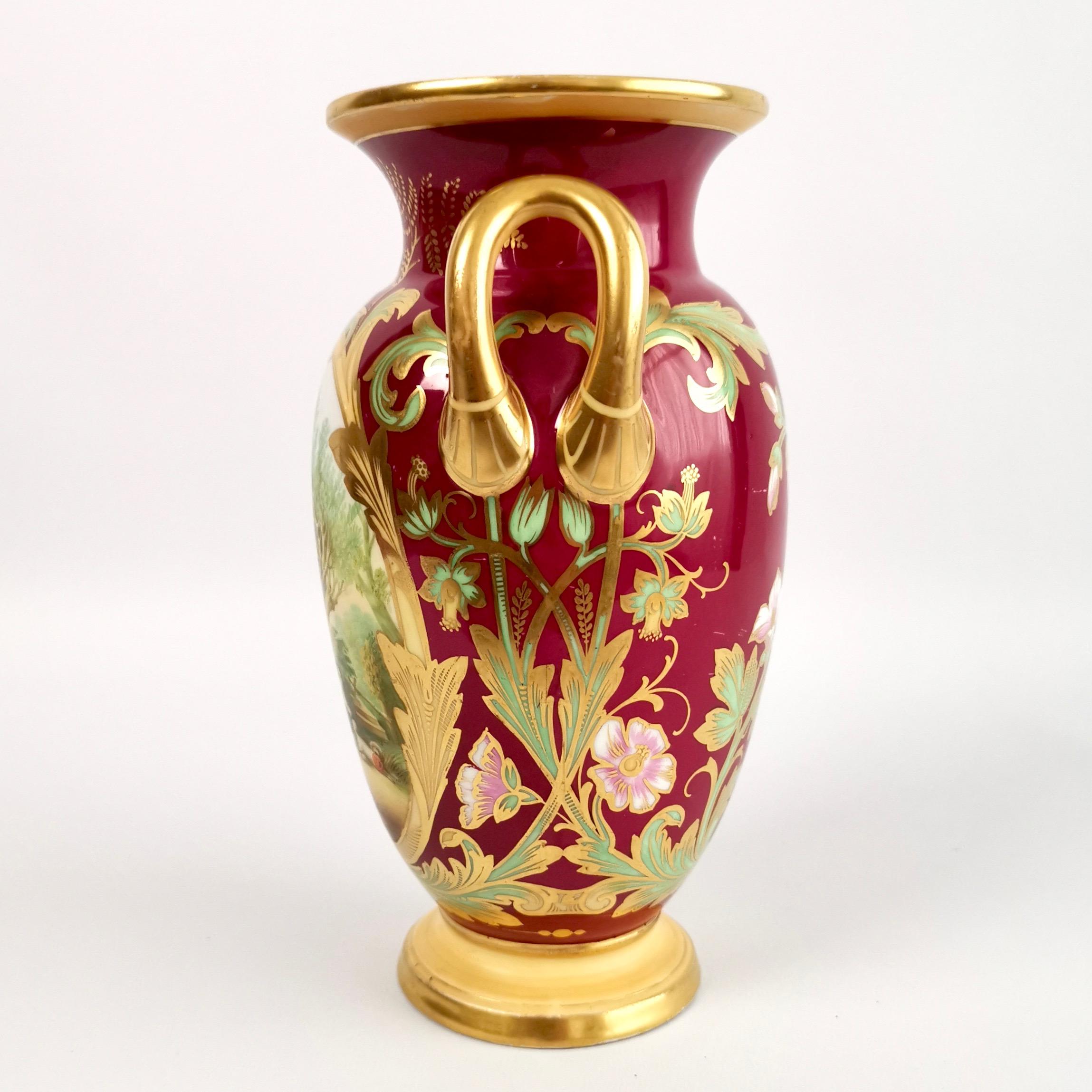 Hand-Painted Samuel Alcock Porcelain Vase, Maroon 