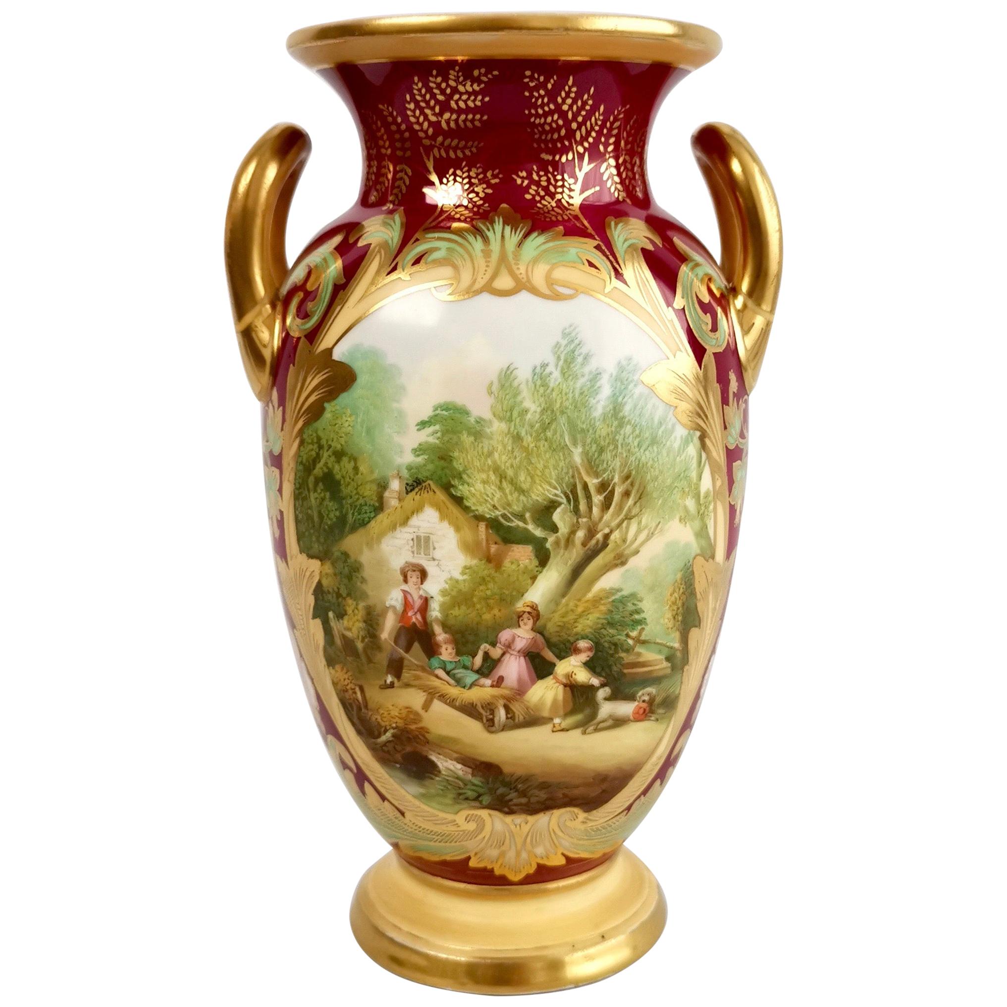 Samuel Alcock Porcelain Vase, Maroon "The Holiday", Victorian, circa 1850