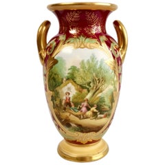 Antique Samuel Alcock Porcelain Vase, Maroon "The Holiday", Victorian, circa 1850