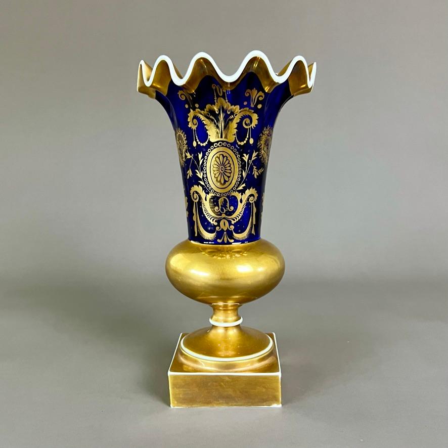 Regency Samuel Alcock Porcelain Wave-Edge Vase, Cobalt Blue, Gilt, Flowers, ca 1825