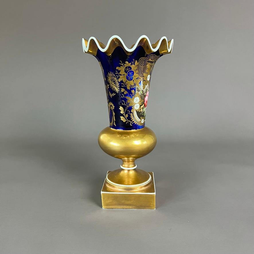 English Samuel Alcock Porcelain Wave-Edge Vase, Cobalt Blue, Gilt, Flowers, ca 1825