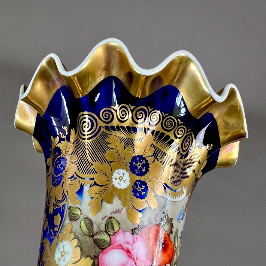 Early 19th Century Samuel Alcock Porcelain Wave-Edge Vase, Cobalt Blue, Gilt, Flowers, ca 1825