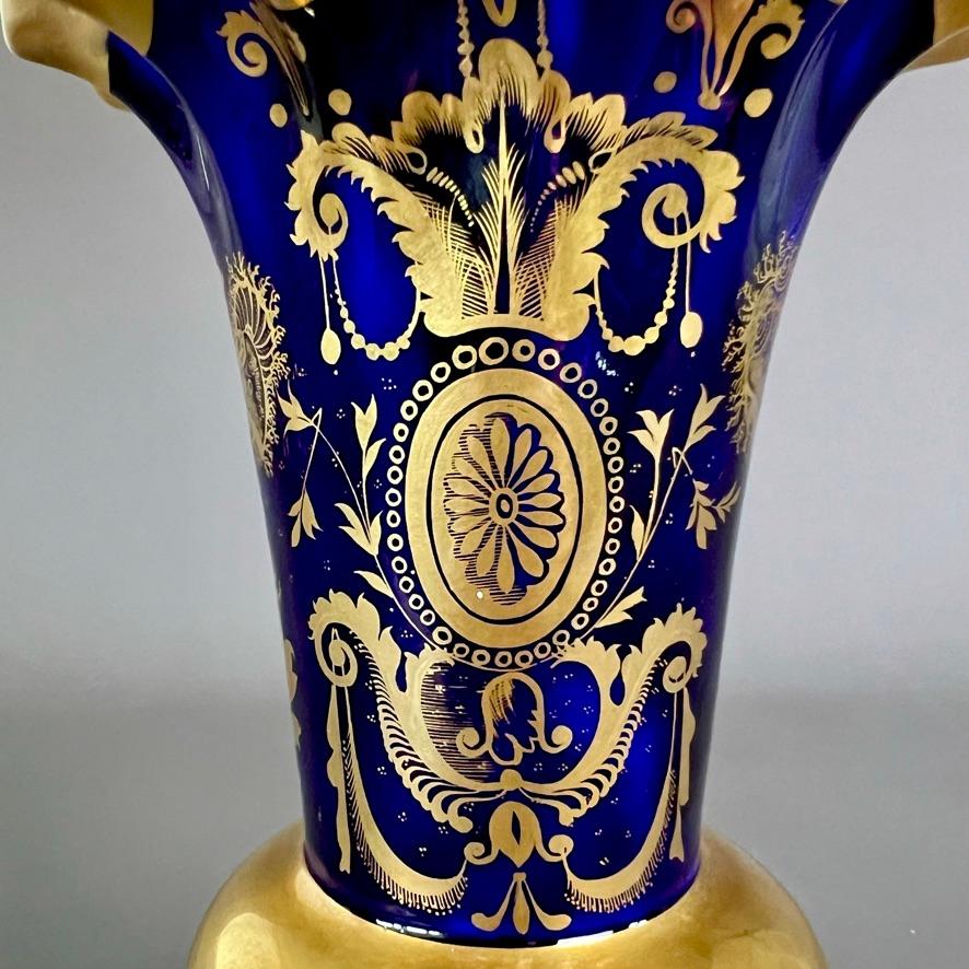 Samuel Alcock Porcelain Wave-Edge Vase, Cobalt Blue, Gilt, Flowers, ca 1825 1
