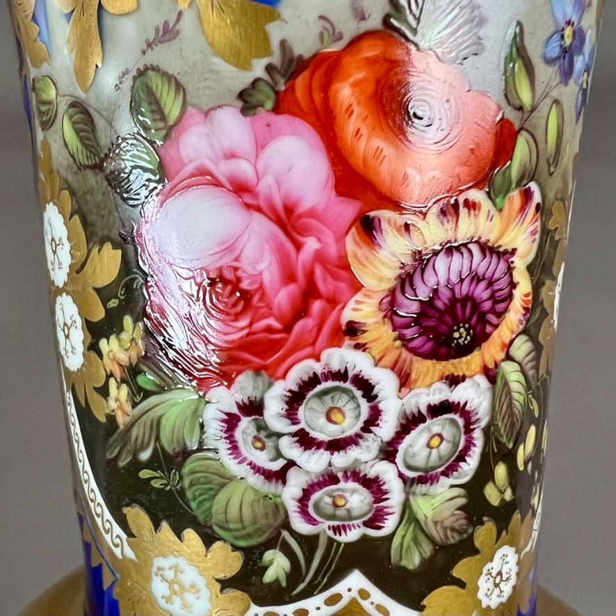 Samuel Alcock Porcelain Wave-Edge Vase, Cobalt Blue, Gilt, Flowers, ca 1825 2