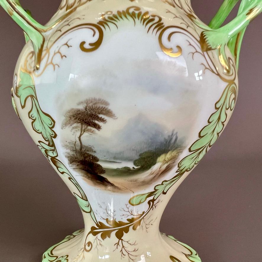 Hand-Painted Samuel Alcock Potpourri Vase, Green, Double Cover, Landscape, Flowers, ca 1835 For Sale