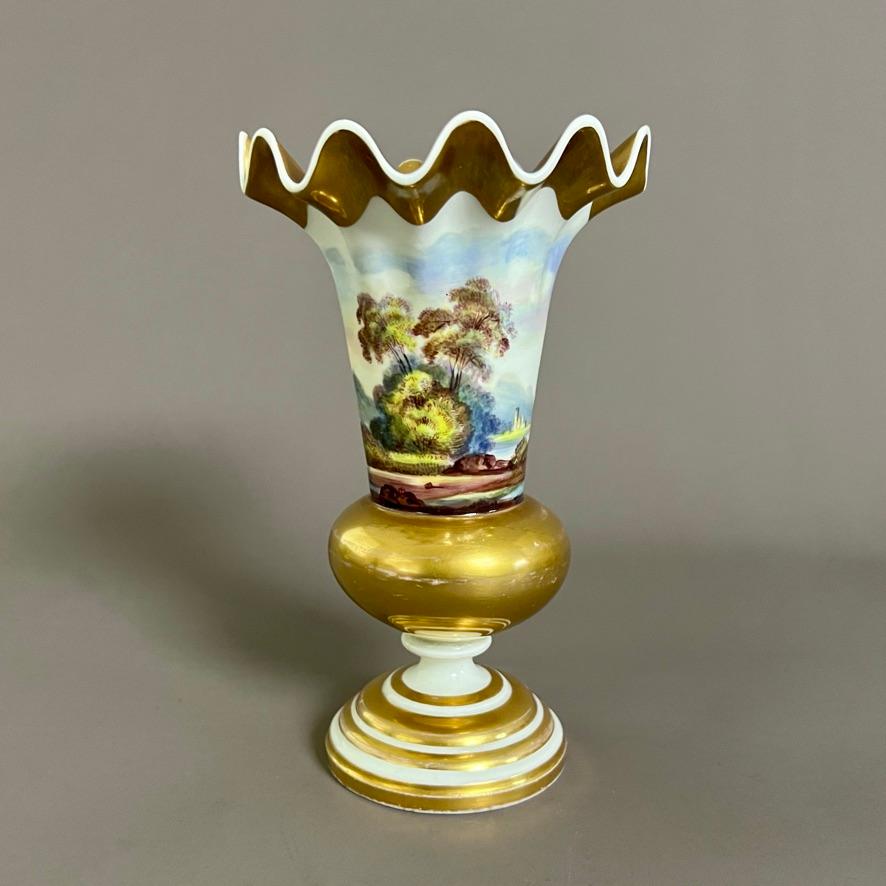Regency Samuel Alcock Rare Porcelain Vase, Wave Edge, Continuous Fine Landscape, ca 1826 For Sale