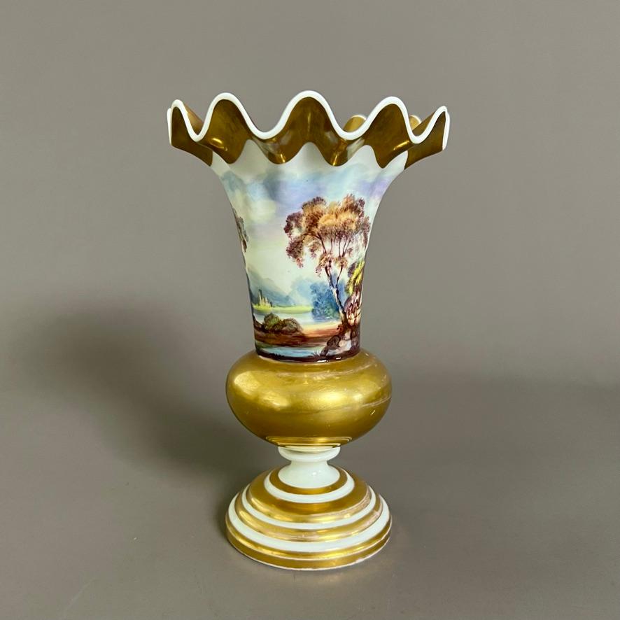 English Samuel Alcock Rare Porcelain Vase, Wave Edge, Continuous Fine Landscape, ca 1826 For Sale