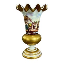 Raro jarrón de porcelana de Samuel Alcock, borde ondulado, paisaje fino continuo, ca. 1826
