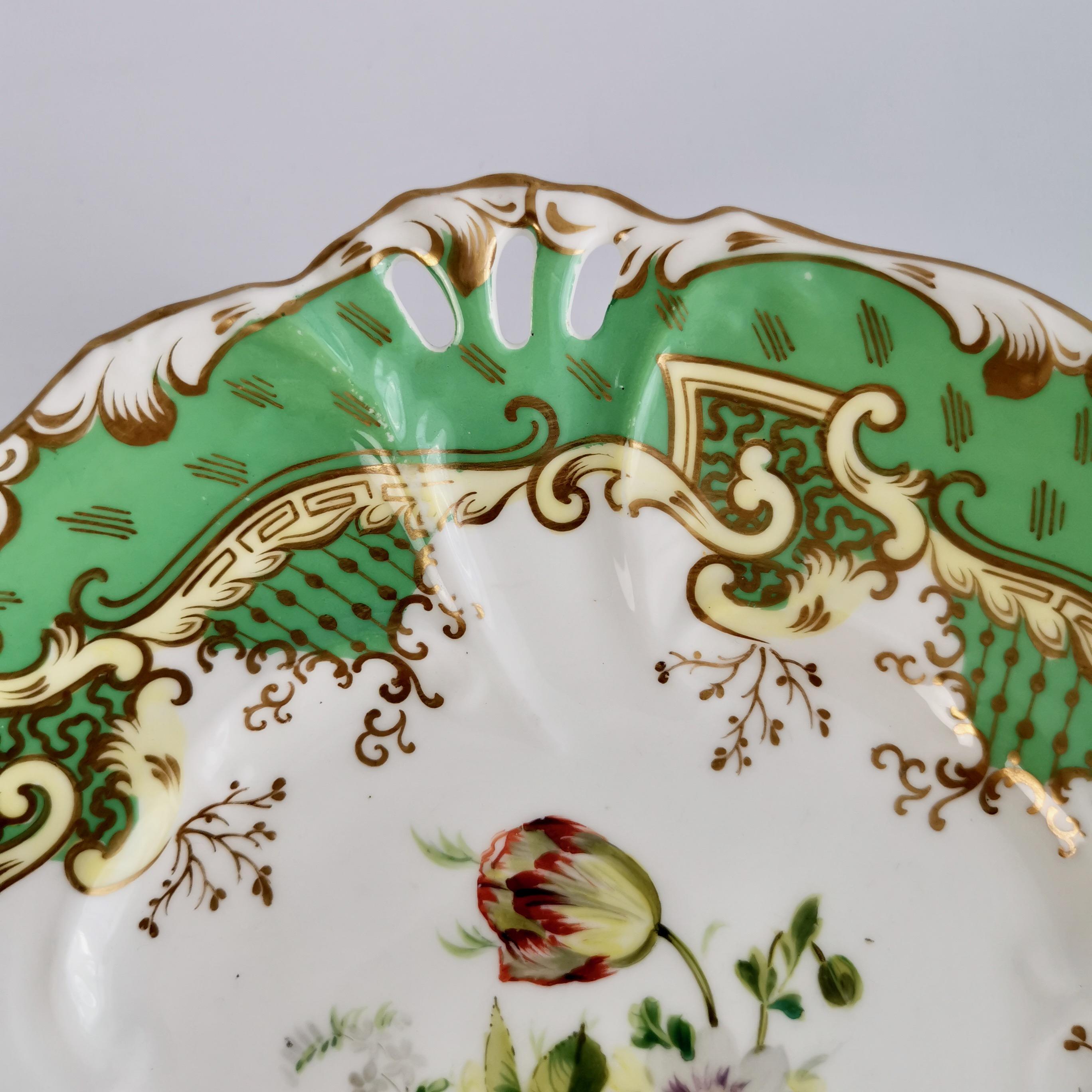 Samuel Alcock Set of 2 Porcelain Comports, Green with Flowers, Victorian ca 1835 3