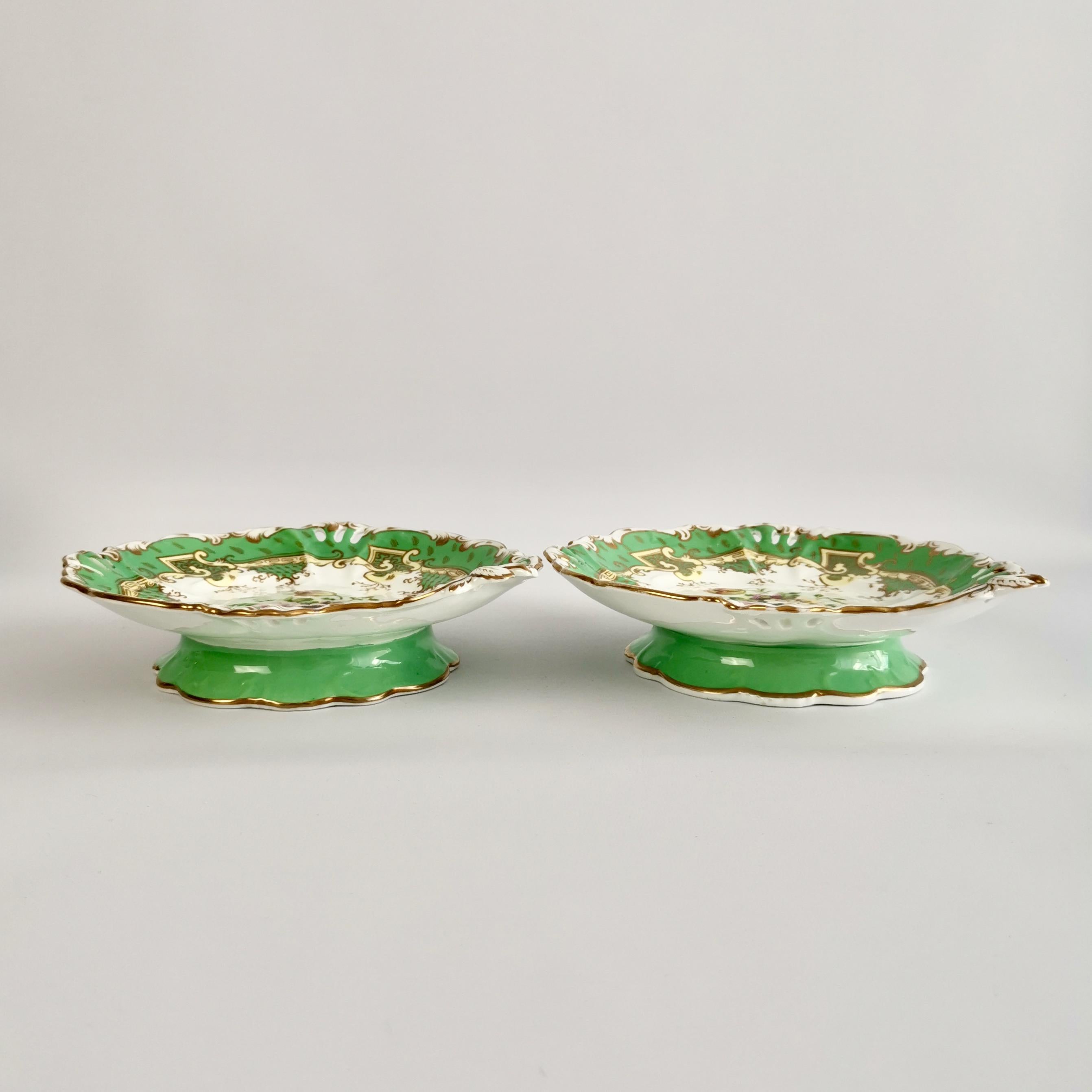 Samuel Alcock Set of 2 Porcelain Comports, Green with Flowers, Victorian ca 1835 4