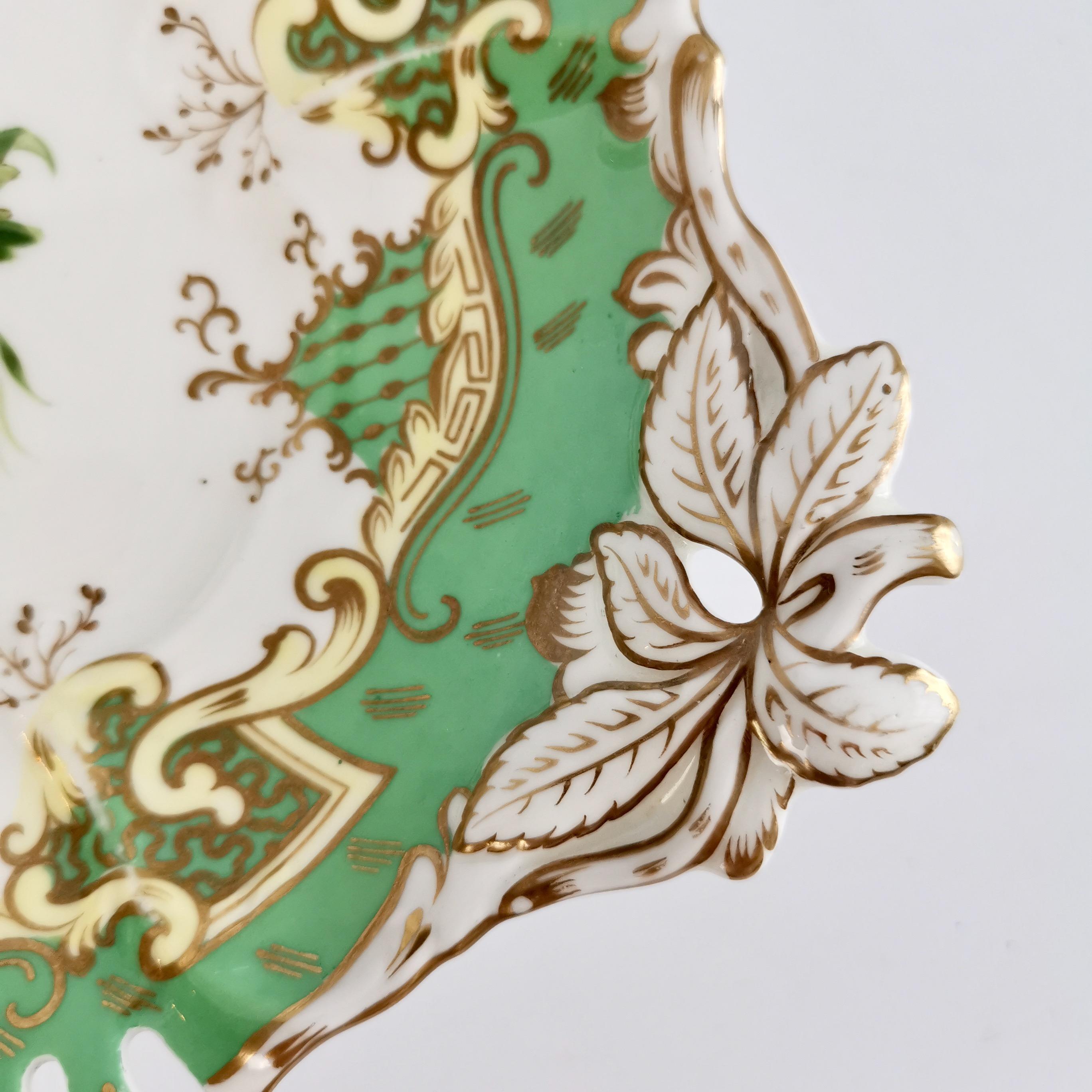 English Samuel Alcock Set of 2 Porcelain Comports, Green with Flowers, Victorian ca 1835