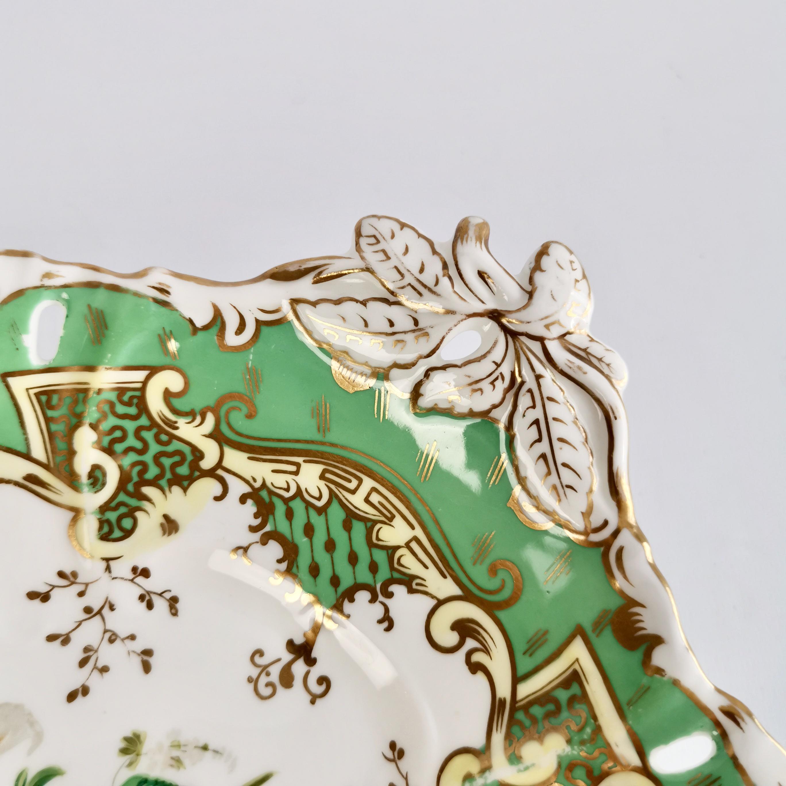 Hand-Painted Samuel Alcock Set of 2 Porcelain Comports, Green with Flowers, Victorian ca 1835