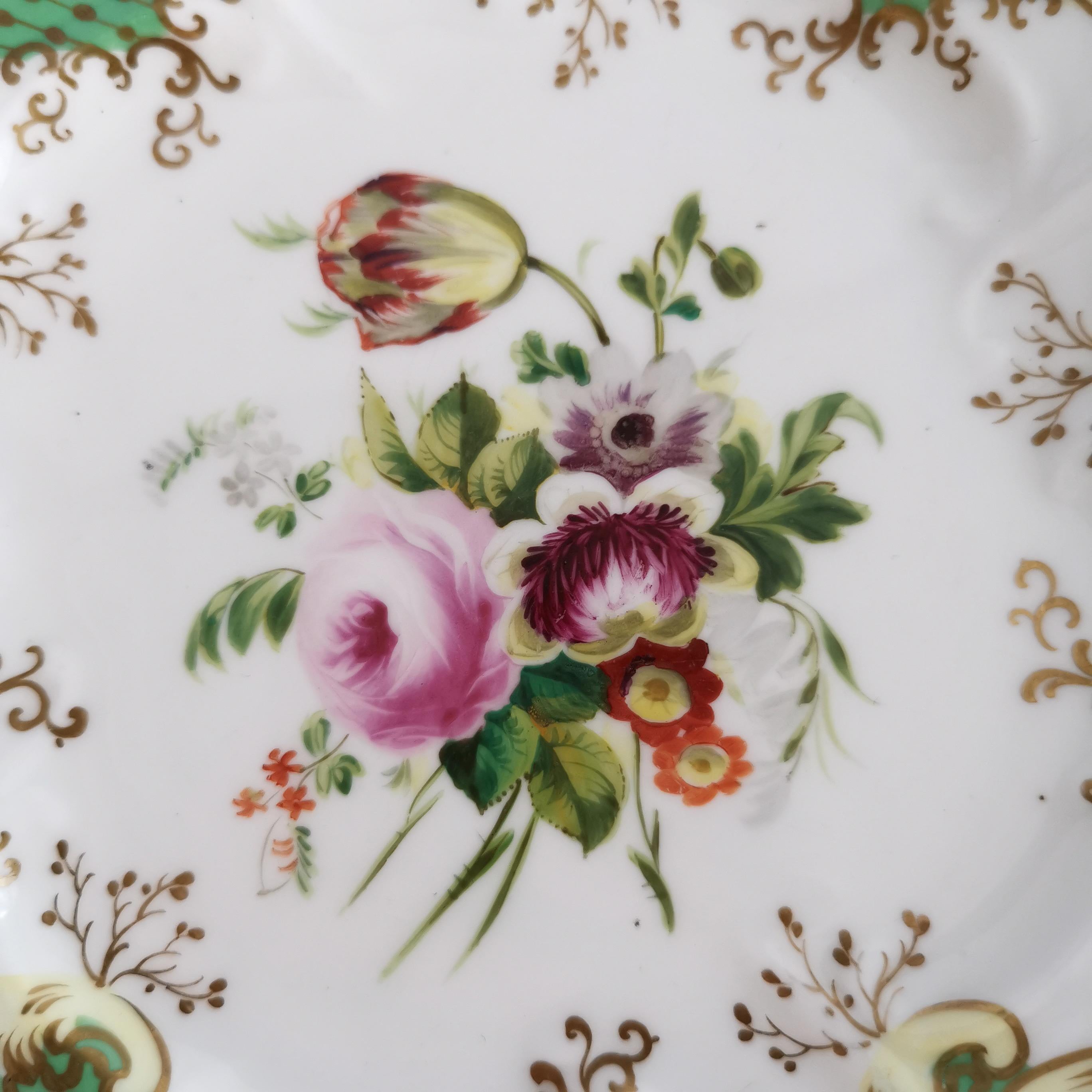 Mid-19th Century Samuel Alcock Set of 2 Porcelain Comports, Green with Flowers, Victorian ca 1835