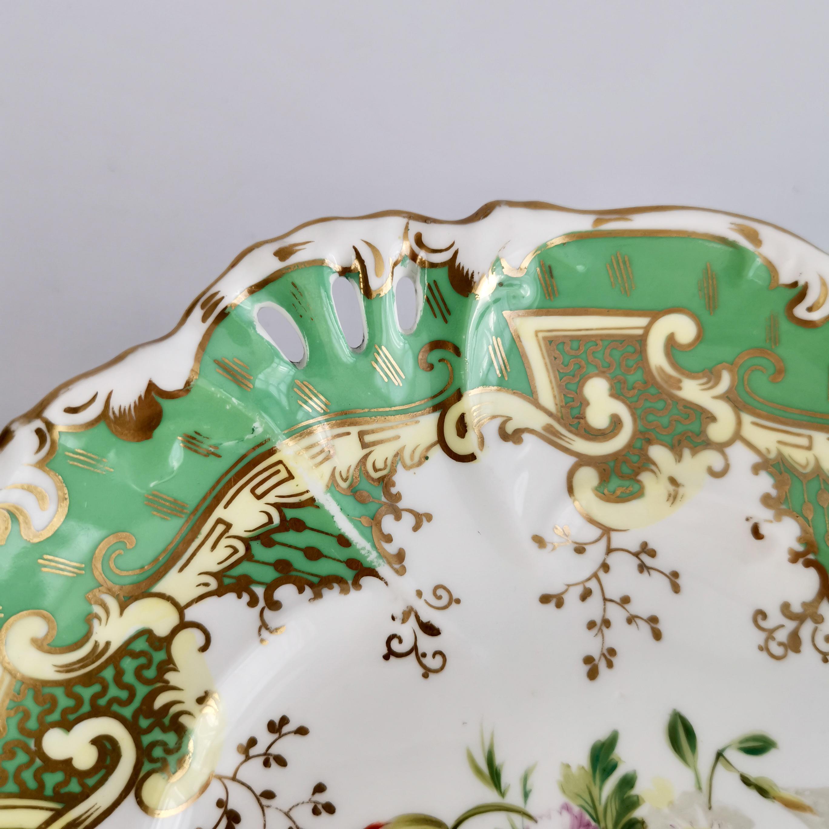 Samuel Alcock Set of 2 Porcelain Comports, Green with Flowers, Victorian ca 1835 1