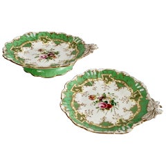 Samuel Alcock Set of 2 Porcelain Comports, Green with Flowers, Victorian ca 1835