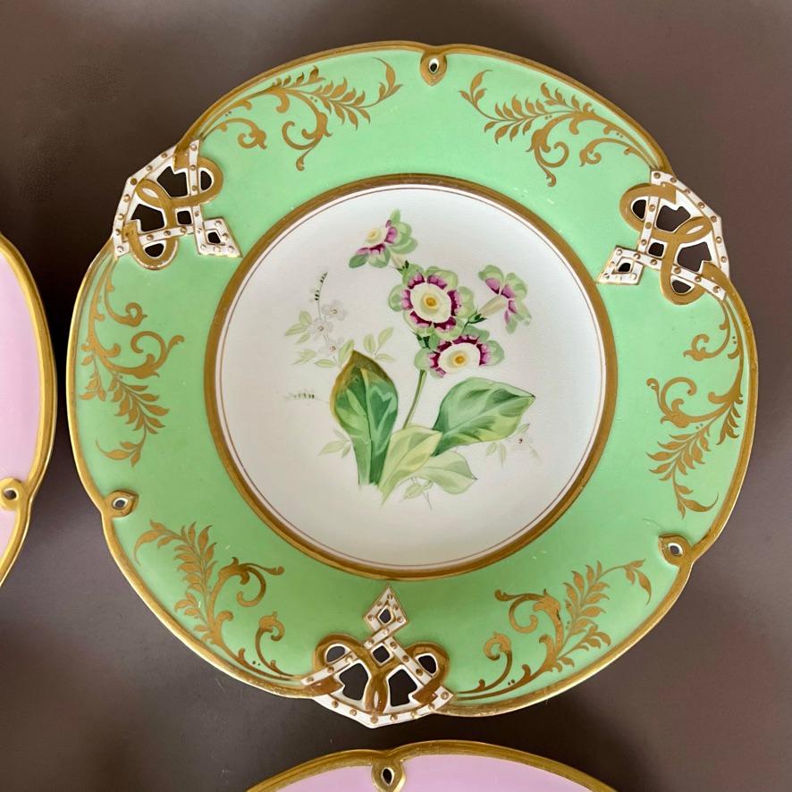 English Samuel Alcock Set of 4 Plates, Pastel Colours, Birds and Flowers, ca 1857 For Sale
