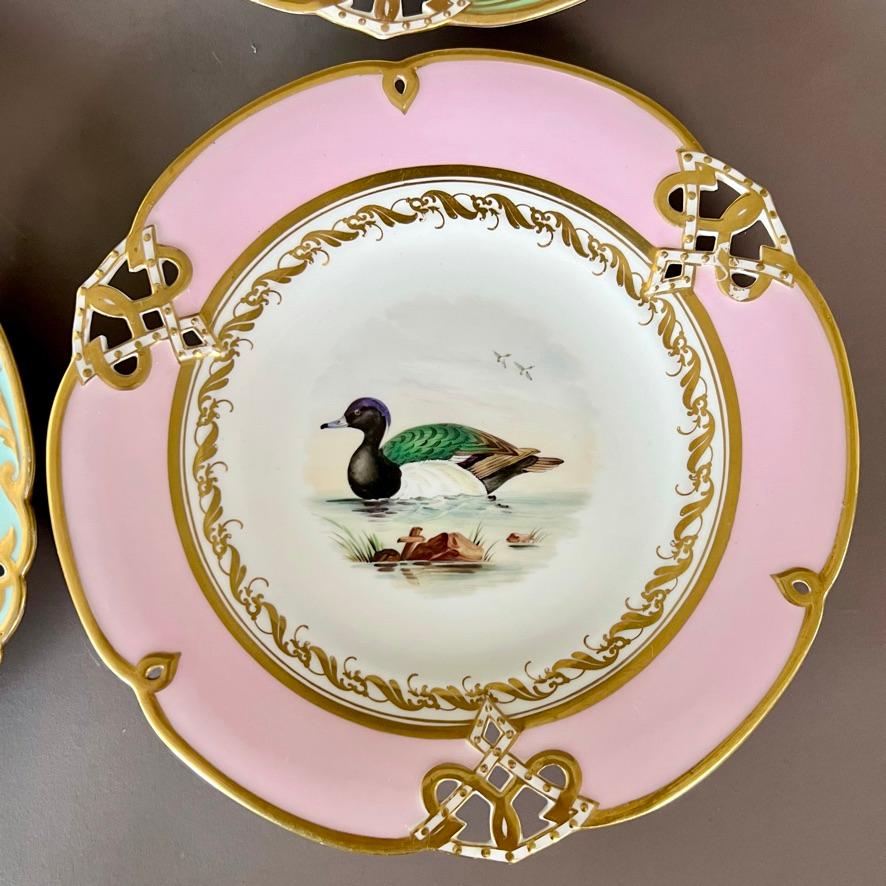 Hand-Painted Samuel Alcock Set of 4 Plates, Pastel Colours, Birds and Flowers, ca 1857 For Sale