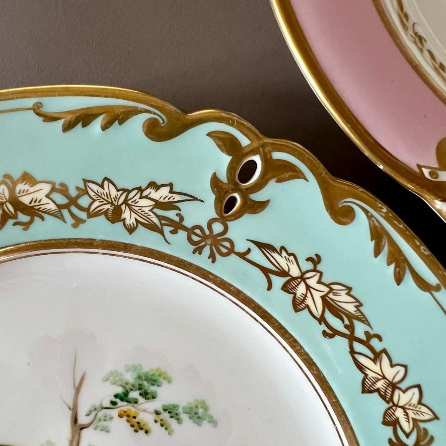 Porcelain Samuel Alcock Set of 4 Plates, Pastel Colours, Birds and Flowers, ca 1857 For Sale