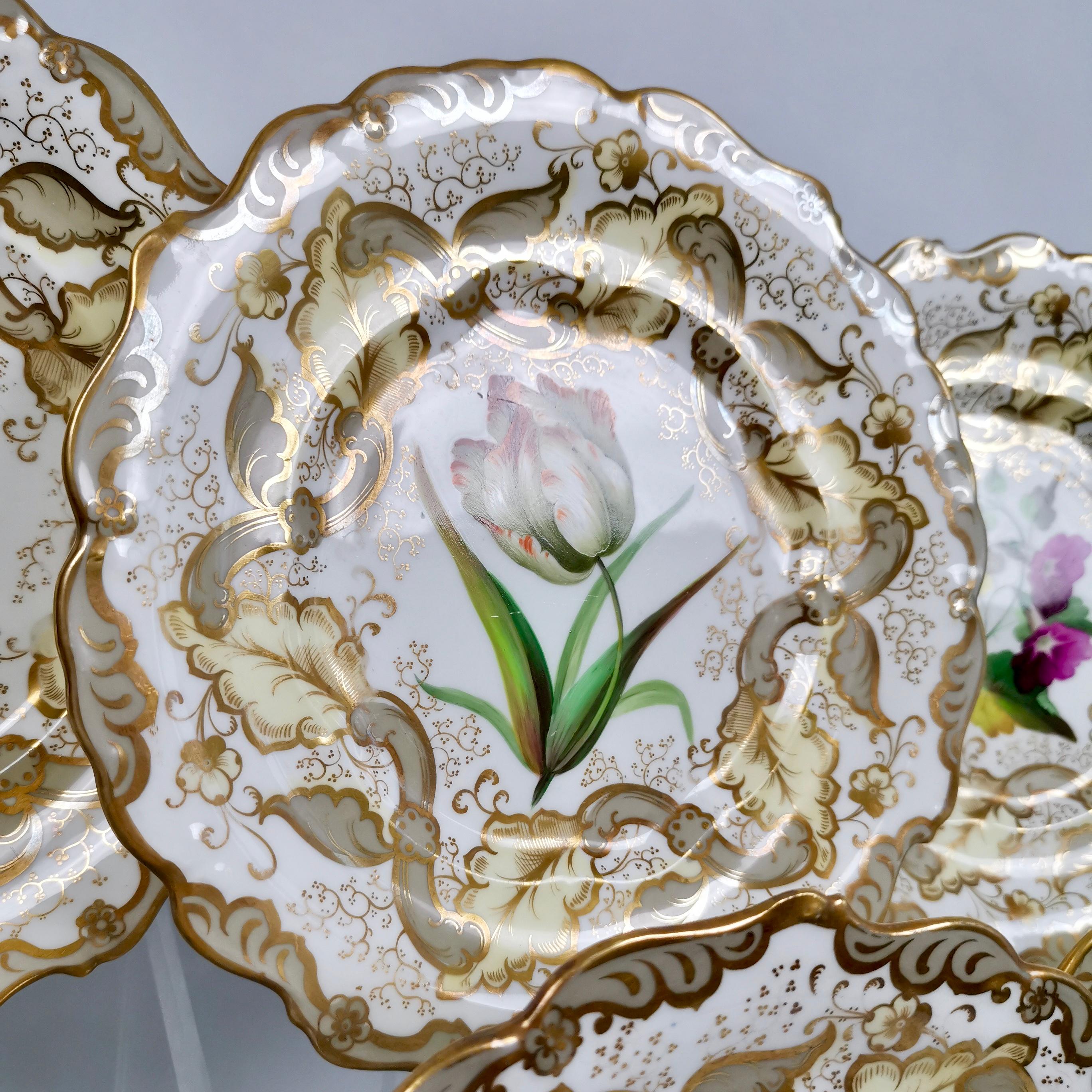 Samuel Alcock Set of 8 Dessert Plates, Superb Flowers, 1835-1840 4