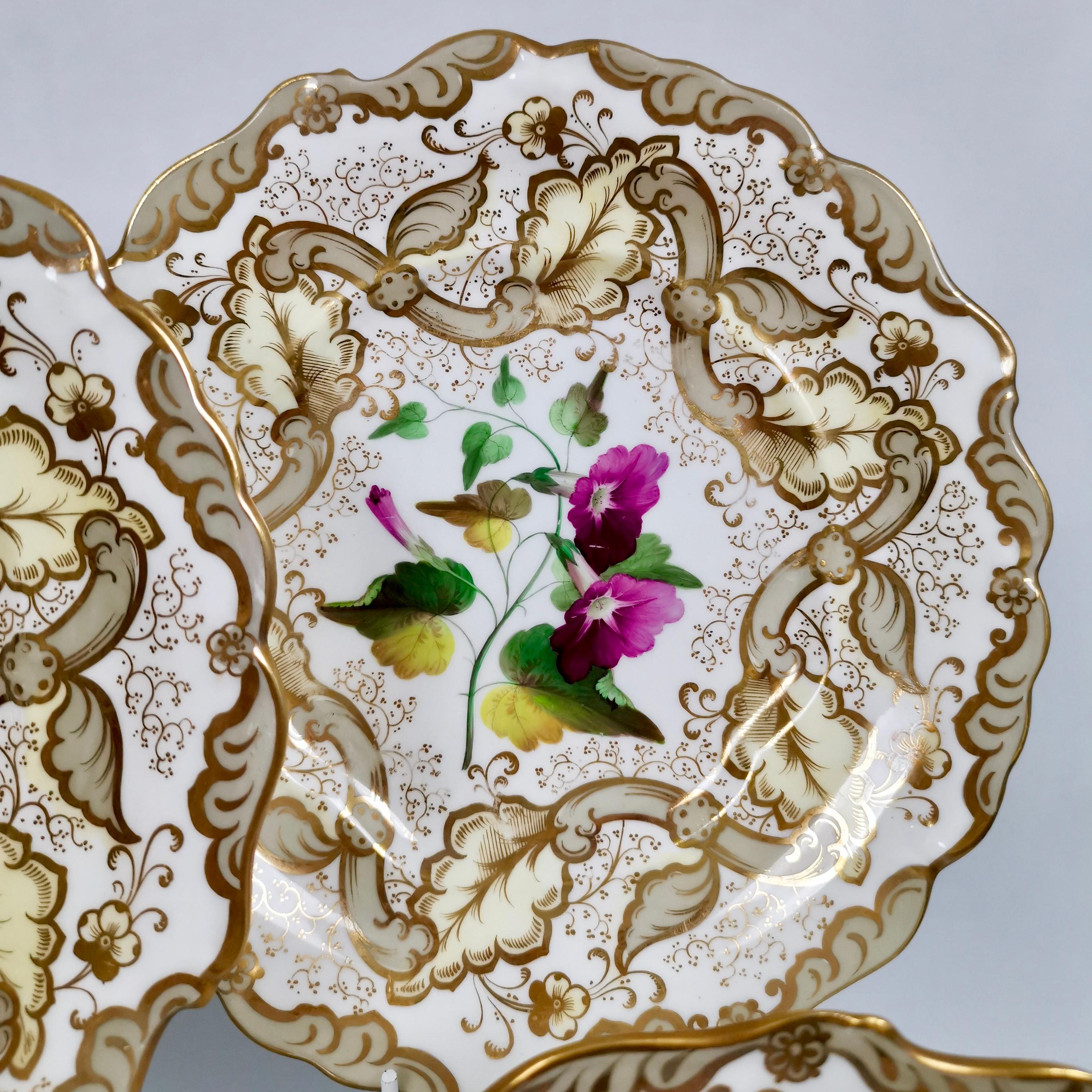 Rococo Revival Samuel Alcock Set of 8 Dessert Plates, Superb Flowers, 1835-1840