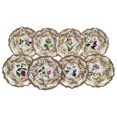 Antique Samuel Alcock Set of 8 Dessert Plates, Superb Flowers, 1835-1840