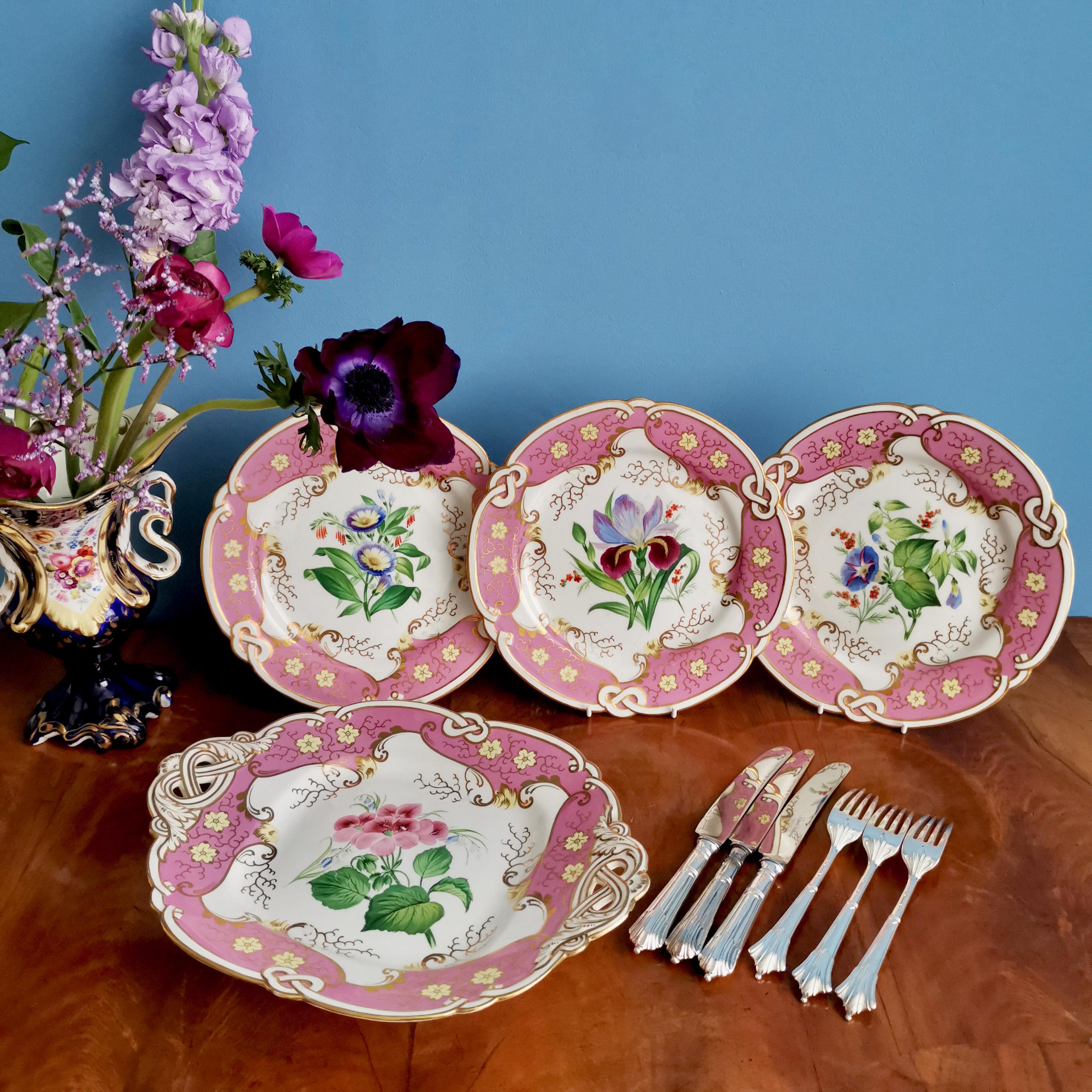 This is a beautiful set of three dessert plates and a comport, made by Samuel Alcock in 1854. The items are decorated in a warm pink ground with fine hand painted flowers and have a knotted and pierced 